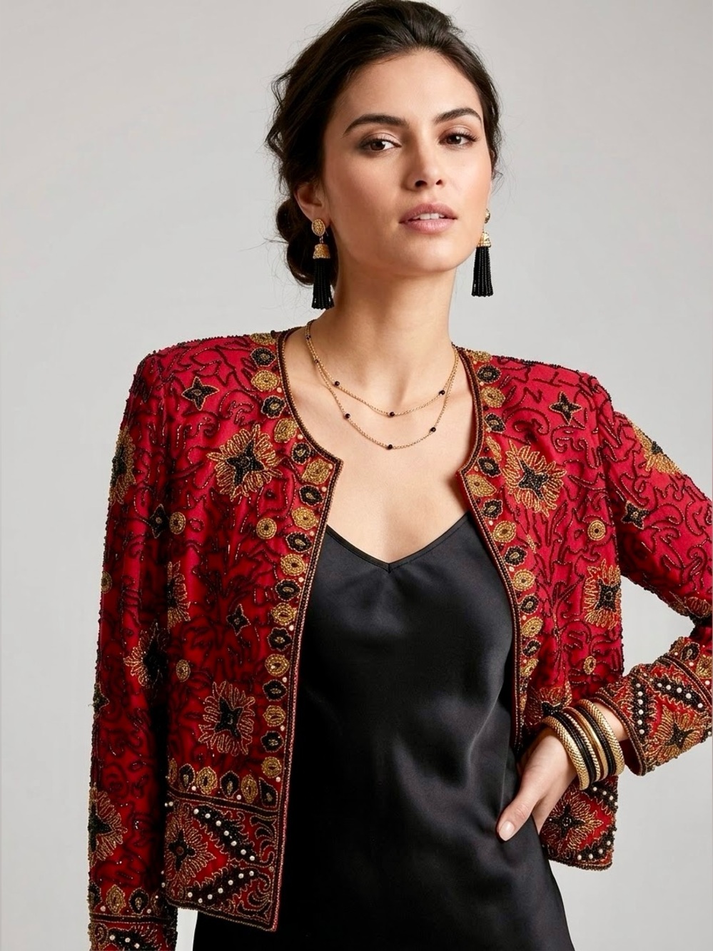 Vintage Adrianna Papell Evening Silk Beaded Jacket Red Gold M